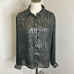 Vintage 70s EU 44 Women’s 2XL Black Grey Faux Leather Animal Print Shirt Top